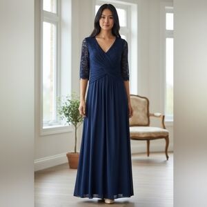 La Femme Elegant Navy Blue Lace Evening Gown Ruching Rhinestone Beaded Luxury